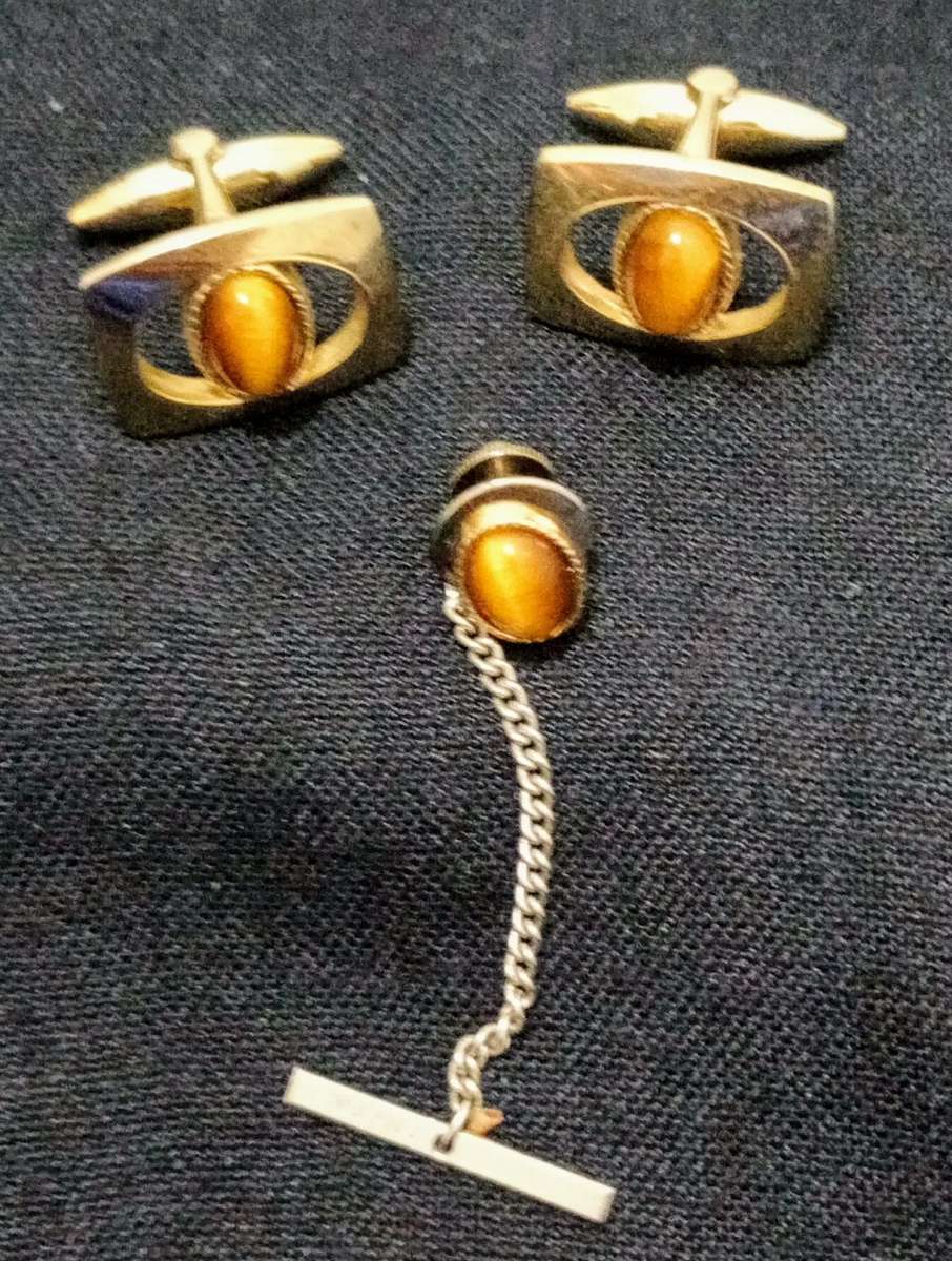 Vintage Cufflinks Tigers Eye and Matching Tie Pin Gold Plated