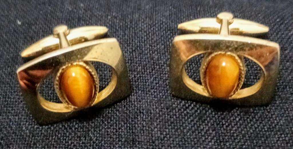 Vintage Cufflinks Tigers Eye and Matching Tie Pin Gold Plated