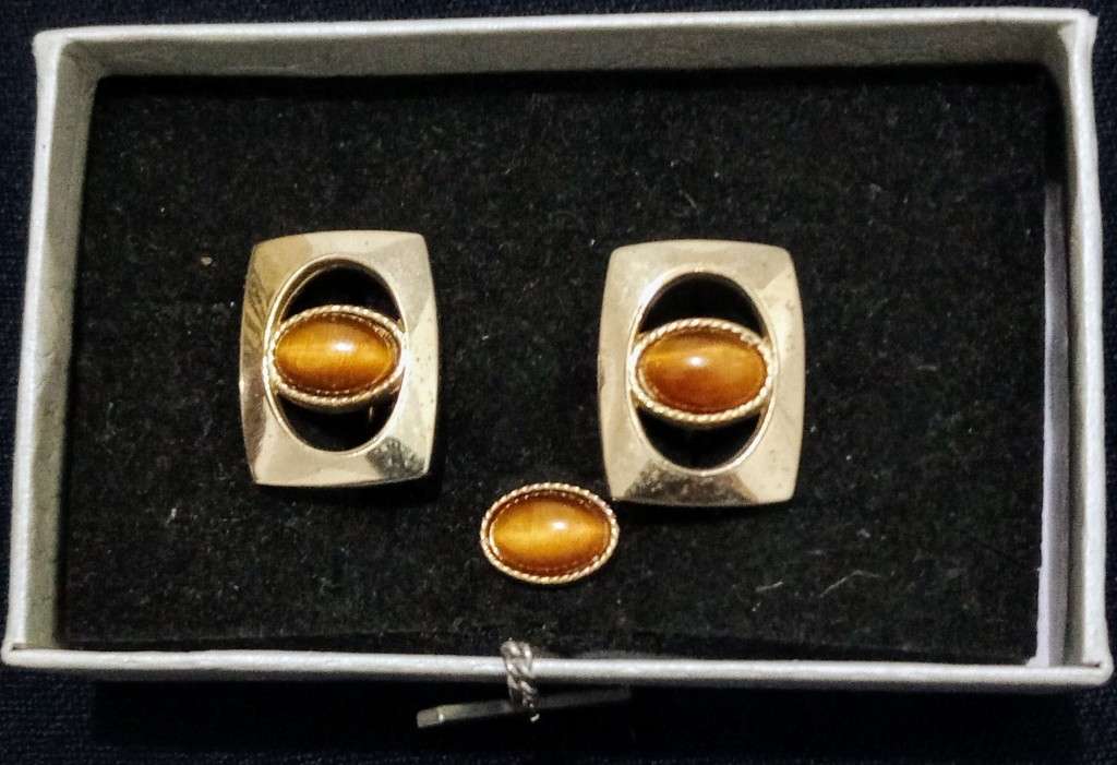 Vintage Cufflinks Tigers Eye and Matching Tie Pin Gold Plated