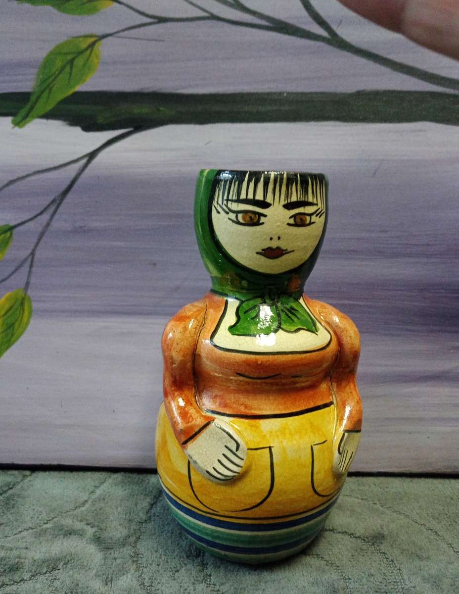 Antique Hand Painted Small Antique Lady Vase Pottery Terracotta 13.5cm