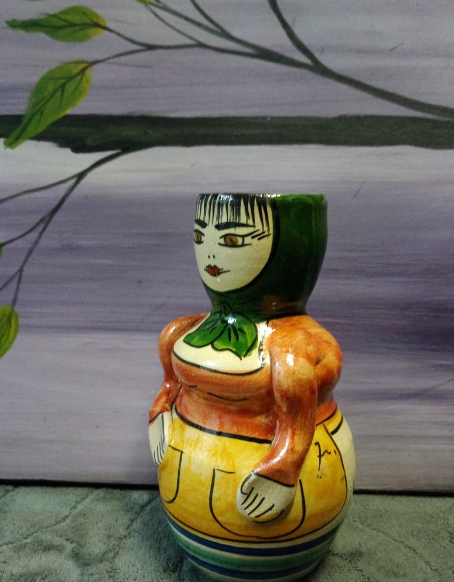 Antique Hand Painted Small Antique Lady Vase Pottery Terracotta 13.5cm