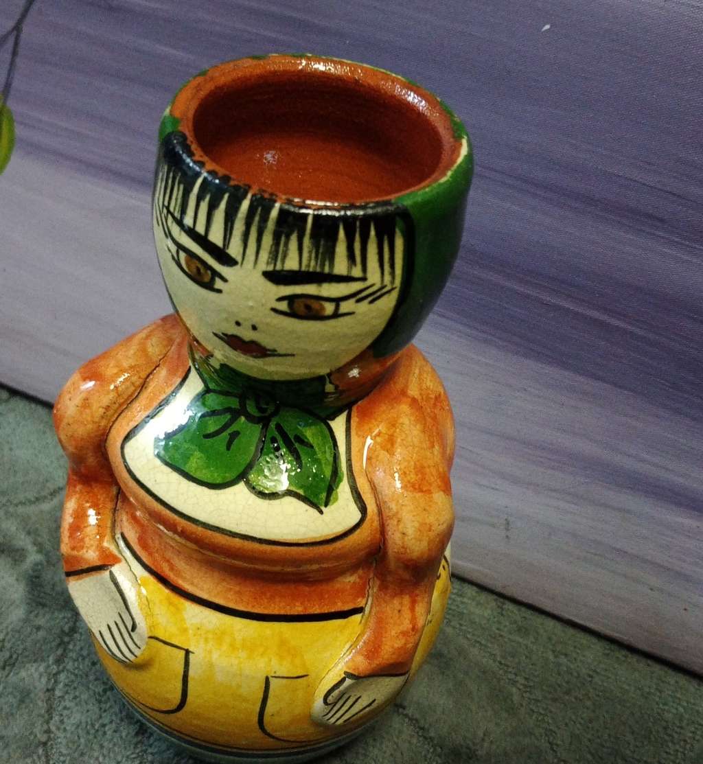 Antique Hand Painted Small Antique Lady Vase Pottery Terracotta 13.5cm