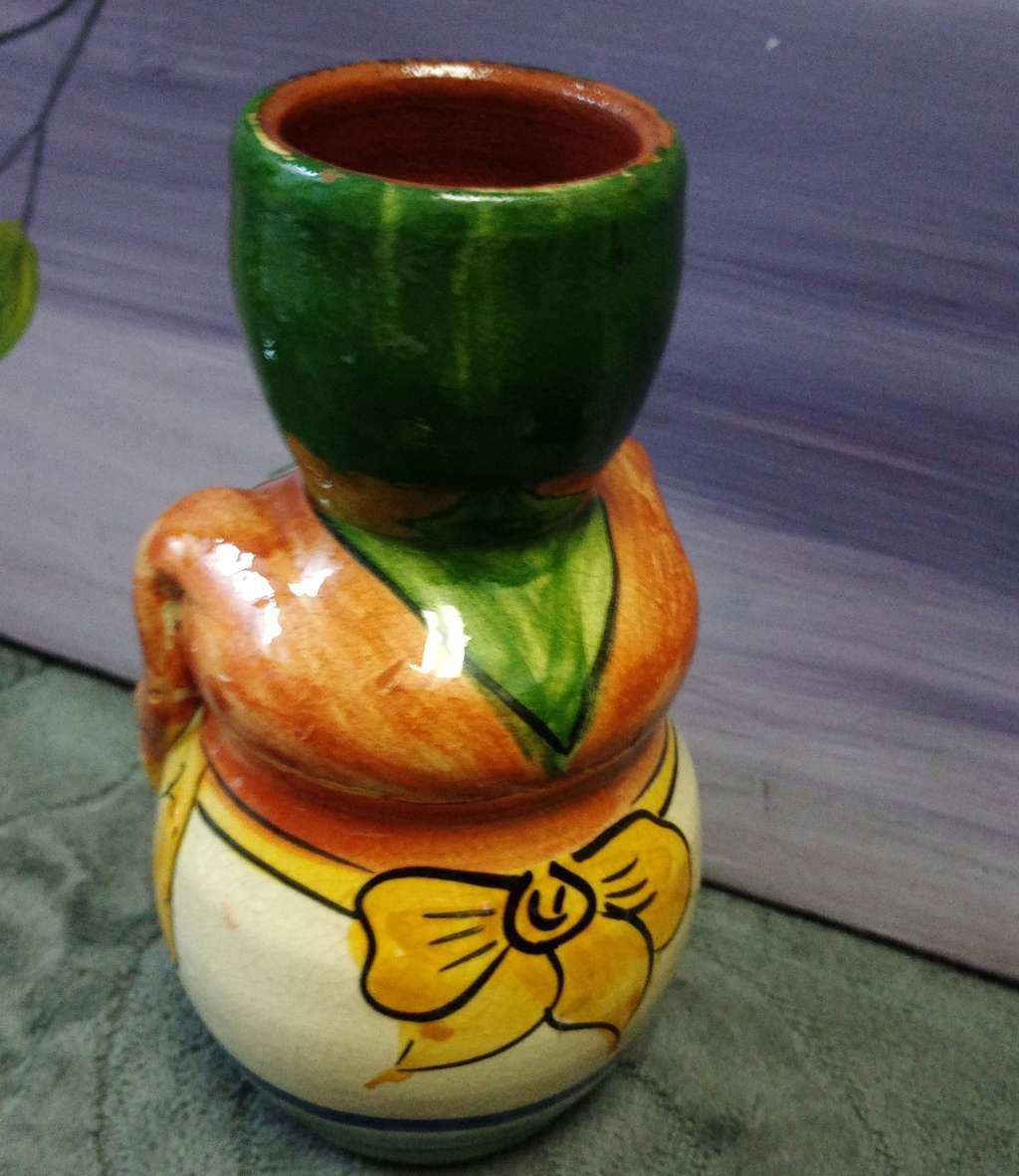 Antique Hand Painted Small Antique Lady Vase Pottery Terracotta 13.5cm