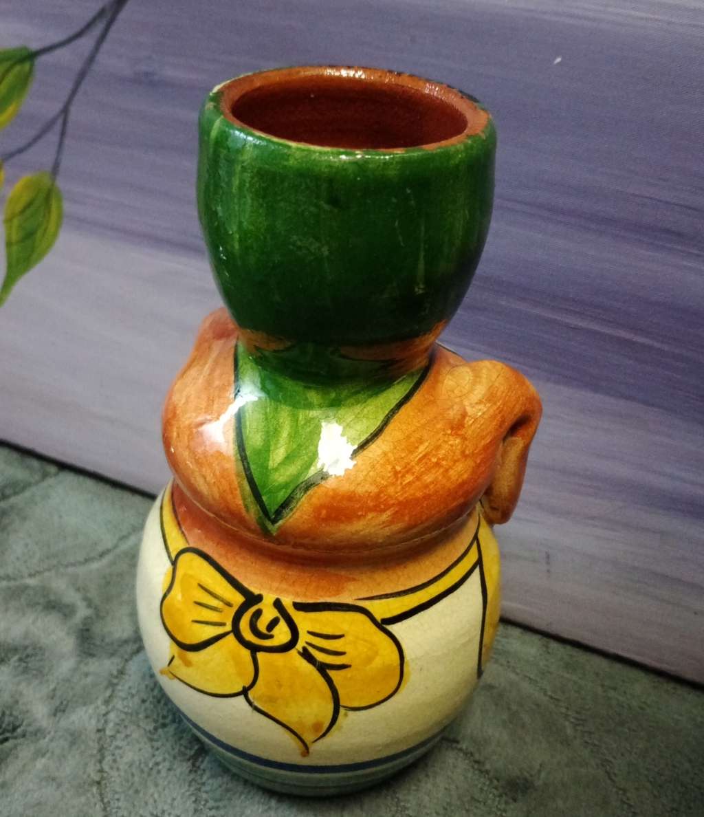 Antique Hand Painted Small Antique Lady Vase Pottery Terracotta 13.5cm