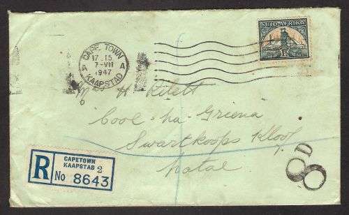 1947 Union South Africa Cape Town to Natal Cover POSTAGE DUE 8d for sending Coins in a Posting Box