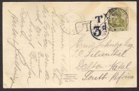 1920's GERMAN POSTCARD GROMITZ to LILIENTHAL NATAL with 3d TAX