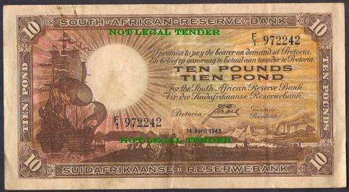 SOUTH AFRICA J POSTMUS 10 TEN POUNDS BANKNOTE FIRST ISSUE- F1 972242