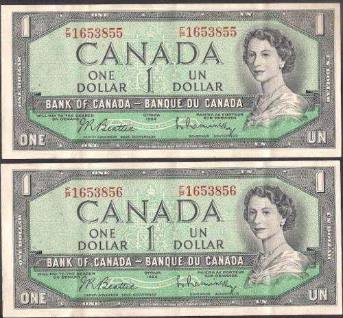 1954 CANADA QE II $ 1 DOLLAR BILL BANKNOTE x 2 IN SERIAL NUMBER SEQUENCE