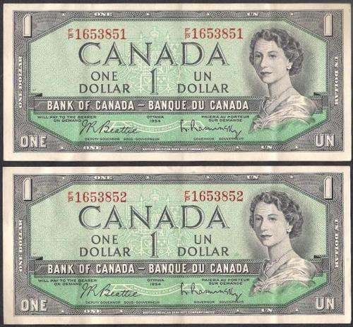 1954 CANADA QE II $ 1 DOLLAR BILL BANKNOTE x 2 IN SERIAL NUMBER SEQUENCE