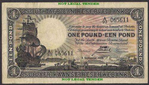 1939 SOUTH AFRICA J POSTMUS ONE POUND BANKNOTE