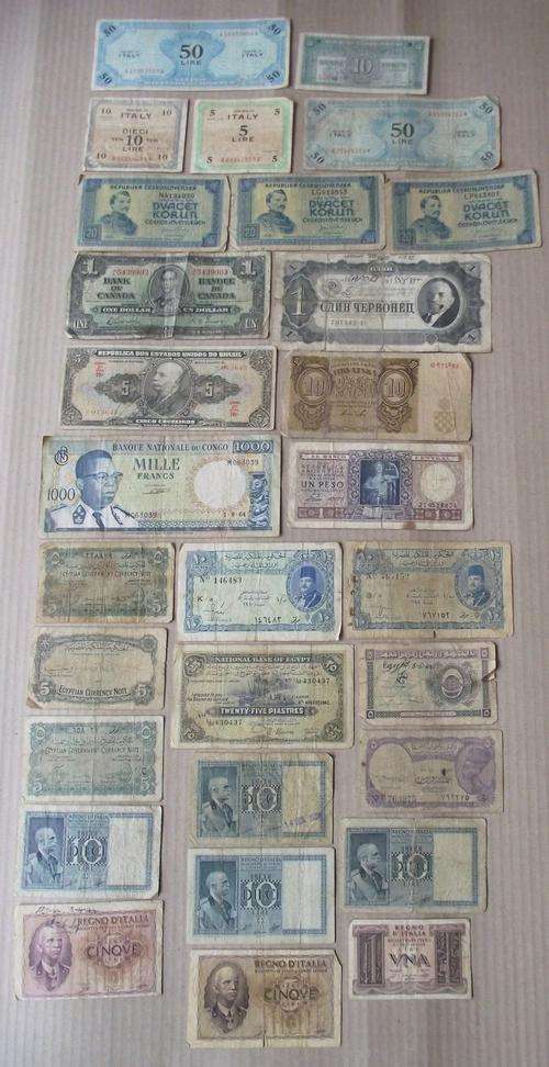 WORLD LOT OF BANKNOTES Incl WORLD WAR II ITALY, EGYPT with CANADA & RUSSIA