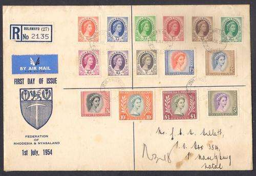 1954 RHODESIA & NYASALAND QE II COMPLETE SET ON FIRST DAY COVER