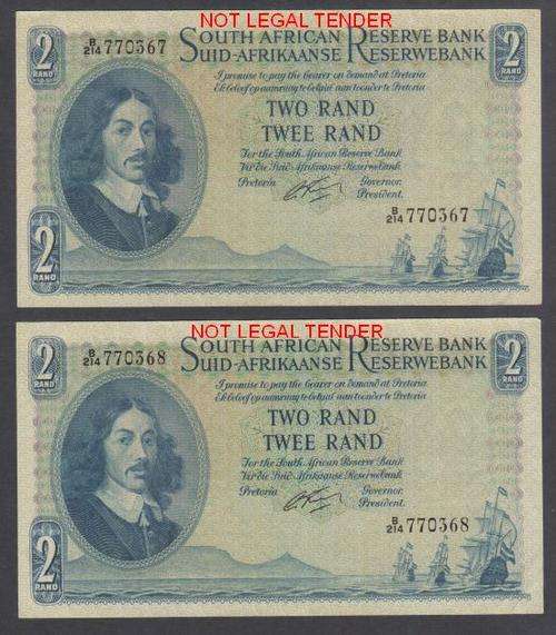 SOUTH AFRICA G RISSIK TWO RAND BANKNOTES IN SERIAL NUMBER SEQUENCE - EF
