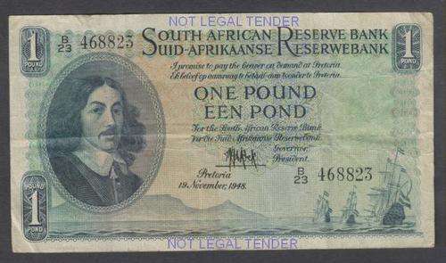 1948 SOUTH AFRICA MH De KOCK ONE POUND BANKNOTE