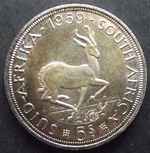 1959 UNION OF SOUTH AFRICA 5 SHILLINGS SILVER CROWN