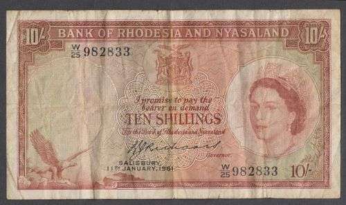 1961 RHODESIA AND NYASALAND QE II TEN SHILLINGS BANKNOTE