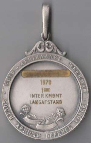 1978 SADF INTER KMDMT LANGAFSTAND SILVER SPORTS MEDAL FOR SHOOTING