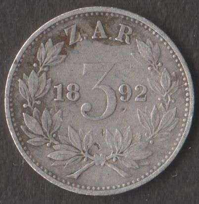 1892 ZAR THREE PENCE 3d SILVER COIN