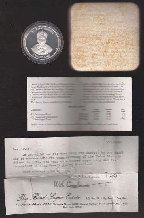 1986 SWAZILAND 25 EMALANGENI SILVER PROOF COIN IN ORIGINAL ROYAL MINT BOX - 2500 MINTED