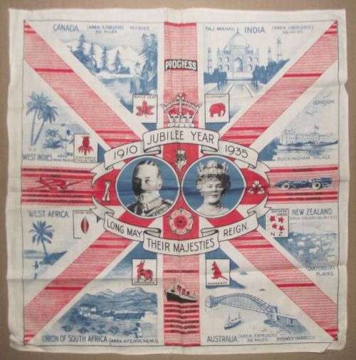 1935 KING GEORGE V SILVER JUBILEE HANDKERCHIEF WITH SCENES FROM THE COMMONWEALTH INCL SOUTH AFRICA