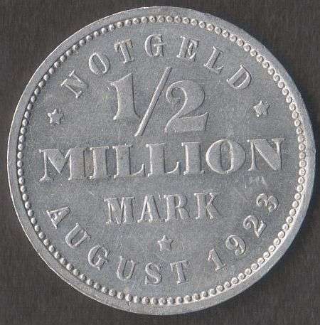 1923 AUGUST GERMANY NOTGELD 1/2 MILLION MARK ALUMINIUM COIN