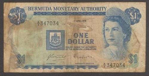 1978 BERMUDA QE II $ 1 DOLLAR BANKNOTE