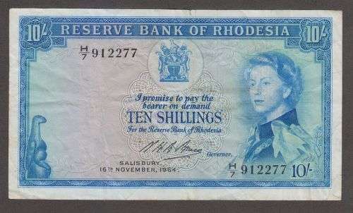 1964 RHODESIA QE II TEN SHILLINGS BANKNOTE