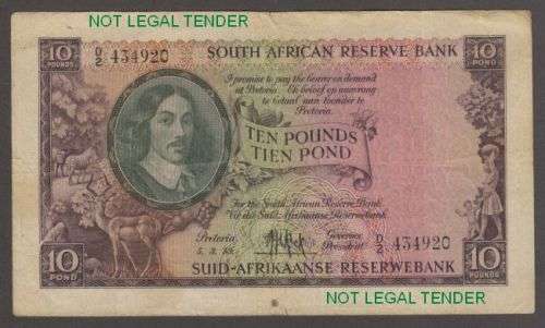 1953 SOUTH AFRICA MH De KOCK TEN POUNDS ENG/AFR BANKNOTE