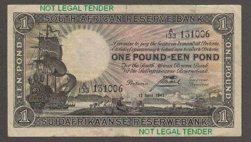 1941 SOUTH AFRICA J POSTMUS ONE POUND BANKNOTE