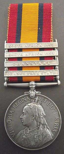 QSA MEDAL WITH FOUR CLASPS TO CORPORAL A.R NOBLE JOHANNESBURG MOUNTED RIFLES