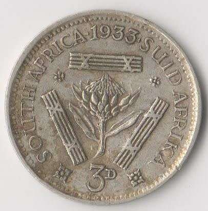 1933 UNION OF SOUTH AFRICA 3d TICKEY SILVER COIN