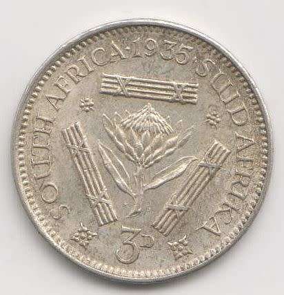 1935 UNION OF SOUTH AFRICA 3d TICKEY SILVER COIN - EF +