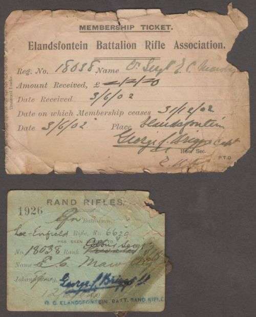 1902 BOER WAR ELANDSFONTEIN BATTALION RIFLE ASSOCIATION MEMBERSHIP TICKET & RAND RIFLES GUN LICENSE