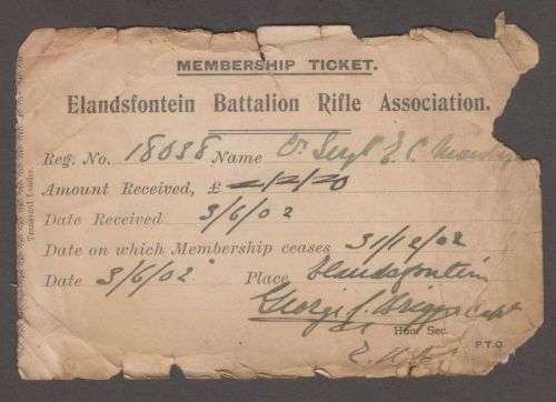 1902 BOER WAR ELANDSFONTEIN BATTALION RIFLE ASSOCIATION MEMBERSHIP TICKET & RAND RIFLES GUN LICENSE