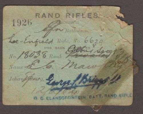 1902 BOER WAR ELANDSFONTEIN BATTALION RIFLE ASSOCIATION MEMBERSHIP TICKET & RAND RIFLES GUN LICENSE