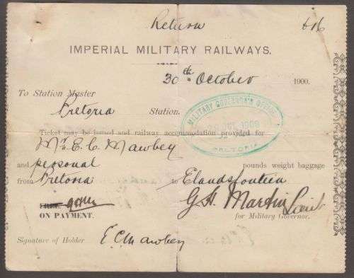 1900 BOER WAR IMPERIAL MILITARY RAILWAYS PASS BETWEEN PRETORIA&ELANDSFONTEIN INCL PASSENGER TICKETS