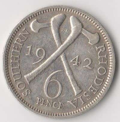 1942 SOUTHERN RHODESIA 6 PENCE SILVER COIN