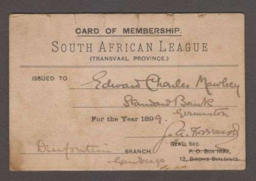 1899 BOER WAR SOUTH AFRICAN LEAGUE MEMBERSHIP CARD - RARE SURVIVOR