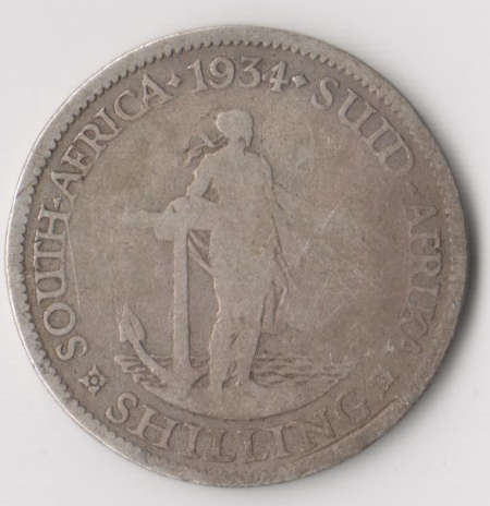 1934 UNION OF SOUTH AFRICA ONE SHILLING SILVER COIN