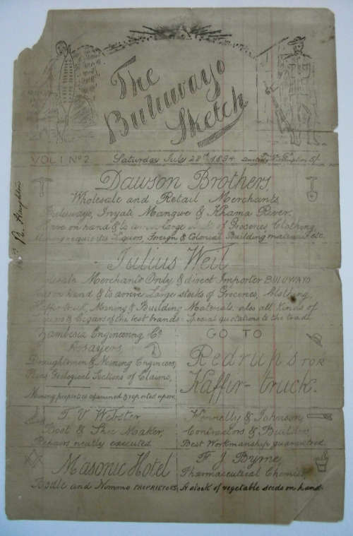 RARE ORIGINAL 1894 THE BULAWAYO SKETCH RHODESIAN NEWSPAPER - RARE SURVIVOR