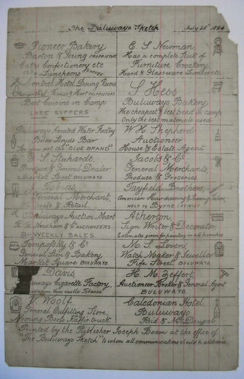 RARE ORIGINAL 1894 THE BULAWAYO SKETCH RHODESIAN NEWSPAPER - RARE SURVIVOR