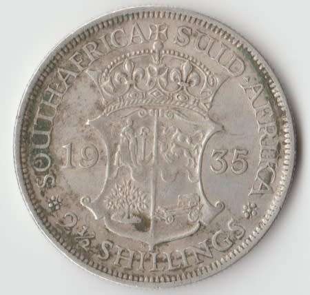 1935 UNION OF SOUTH AFRICA 2 1/2 SHILLINGS HALF CROWN SILVER COIN