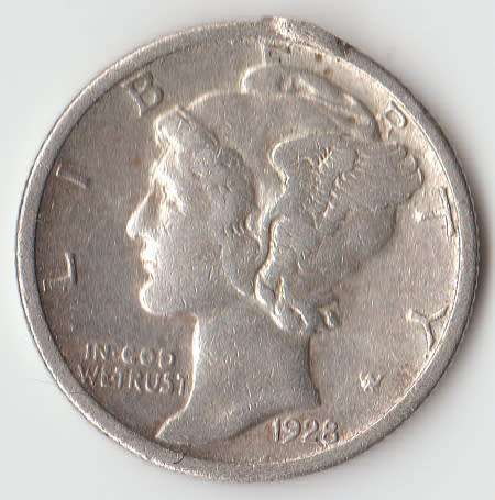 1928 UNITED STATES OF AMERICA USA ONE DIME SILVER COIN MINT MARK `S` - EX MOUNT