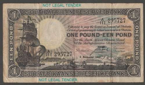 1941 SOUTH AFRICA J POSTMUS ONE POUND BANKNOTE