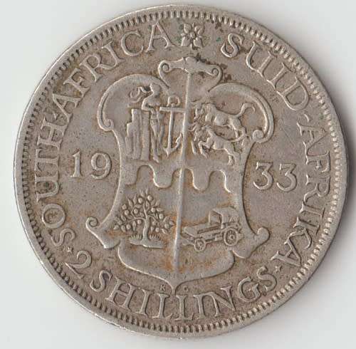 1933 UNION OF SOUTH AFRICA 2 SHILLINGS SILVER COIN