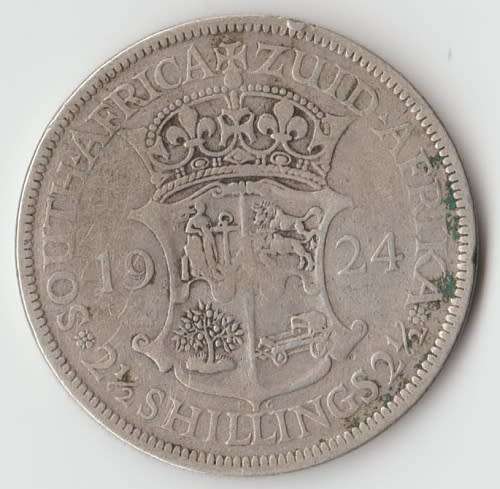 1924 UNION OF SOUTH AFRICA 2 1/2 SHILLINGS HALF CROWN SILVER COIN