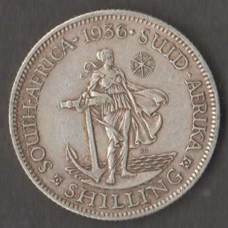 1936 UNION OF SOUTH AFRICA FLORIN ONE SHILLING SILVER COIN