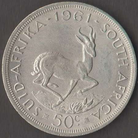 1961 SOUTH AFRICA 50 CENTS SILVER COIN-`CRACKED DIE`