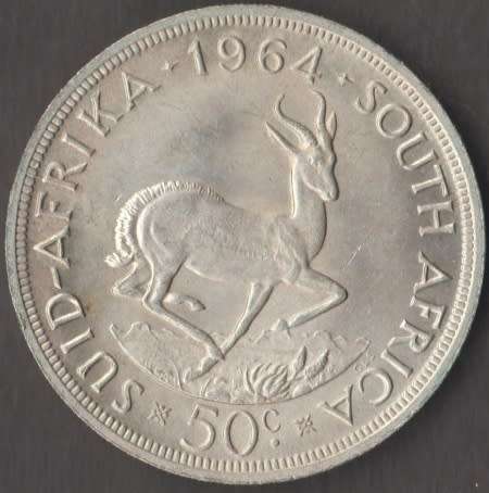 1964 SOUTH AFRICA 50 CENTS SILVER COIN-`CRACKED DIE`