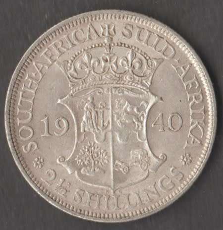 1940 UNION OF SOUTH AFRICA 2 1/2 SHILLINGS SILVER HALF CROWN COIN
